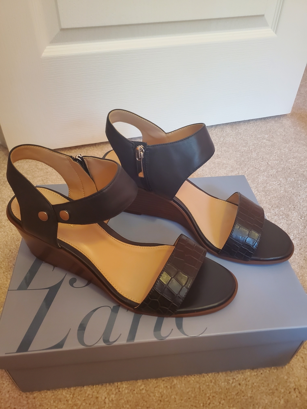 Essex Lane Black Croc-Textured Ankle Strap Wedge Sandals